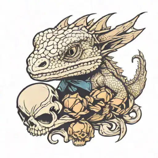 kawaii bearded dragon sitting on a skull tattoo design idea