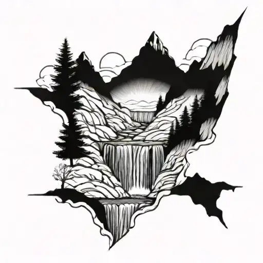 mountain scene with waterfall flowing tattoo design idea