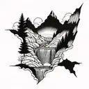 mountain scene with waterfall flowing tattoo design idea