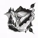 mountain scene with waterfall flowing tattoo design idea