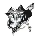 mountain scene with waterfall flowing tattoo design idea