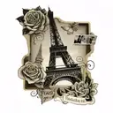 two Polaroid photos—one of the Eiffel Tower and one of Big Ben—with the lyrics “I had the best day with you today." tattoo design idea