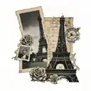two Polaroid photos—one of the Eiffel Tower and one of Big Ben—with the lyrics “I had the best day with you today." tattoo design idea