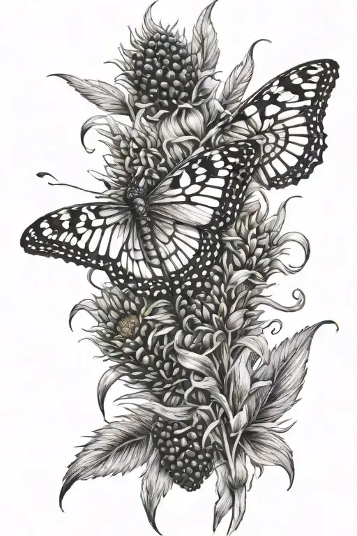 wheat, sunflowers, a butterfly coming out of it's cocoon on a blackberry plant tattoo design idea