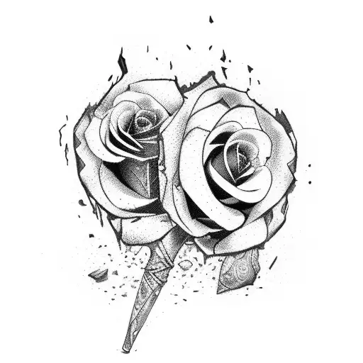 shattered bottle of liquor, black roses, casket tattoo design idea