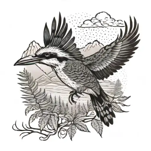 A dotwork tattoo of a kookaburra flying over a mountain range with ferns in the foreground tattoo design idea