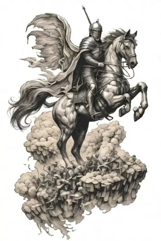 a Knight kneeling in heaven watching the apocalypse horsemen destroying earth  tattoo design idea