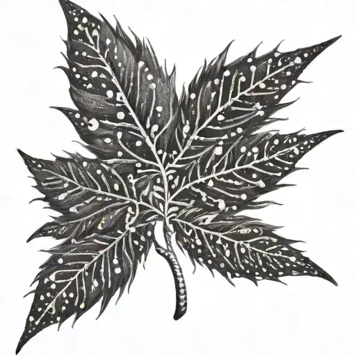 A dotwork design of a marijuana leaf intertwined with musical symbols tattoo design idea