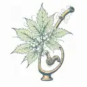 A surrealistic interpretation of a cannabis plant growing out of a vintage smoking pipe tattoo design idea
