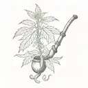 A surrealistic interpretation of a cannabis plant growing out of a vintage smoking pipe tattoo design idea