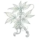 A surrealistic interpretation of a cannabis plant growing out of a vintage smoking pipe tattoo design idea