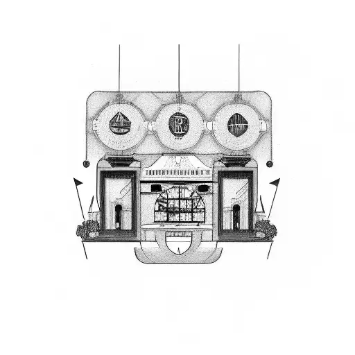Architectural blueprint of a bar building with business symbols incorporated, representing your occupations and interests tattoo design idea