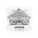 Architectural blueprint of a bar building with business symbols incorporated, representing your occupations and interests tattoo design idea