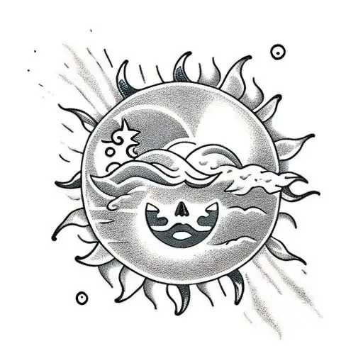 A whimsical beach scene with the sun and moon as central elements tattoo design idea