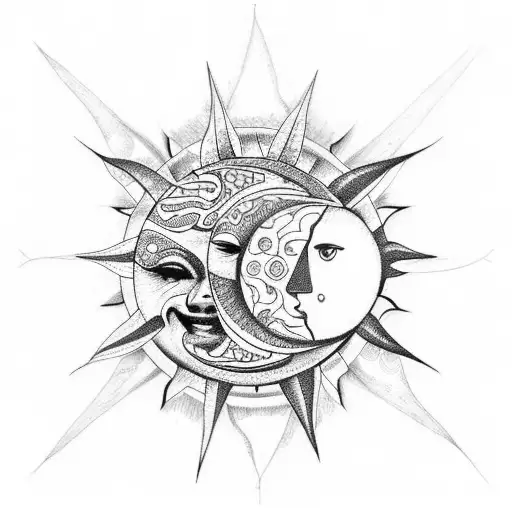 A dotwork tattoo showcasing a sun and moon surrounded by travel-inspired elements tattoo design idea