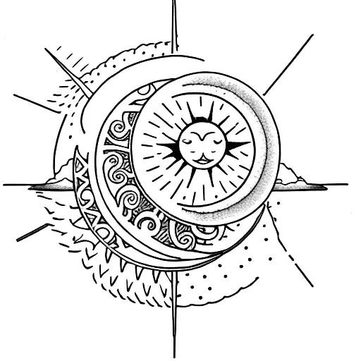 A dotwork tattoo showcasing a sun and moon surrounded by travel-inspired elements tattoo design idea