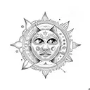 A dotwork tattoo showcasing a sun and moon surrounded by travel-inspired elements tattoo design idea