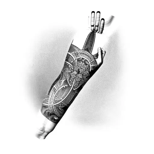 unique religious forearm sleeve tattoo design idea
