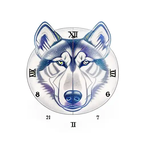 timepiece tied into husky with astrology in the background  tattoo design idea