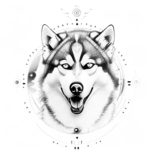 timepiece tied into husky with astrology in the background  tattoo design idea