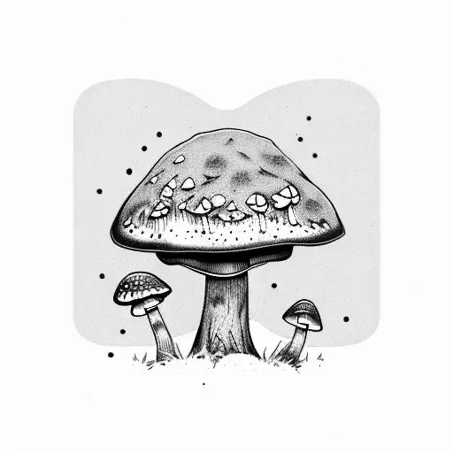 Mushroom shrine, trees, plants,  tattoo design idea
