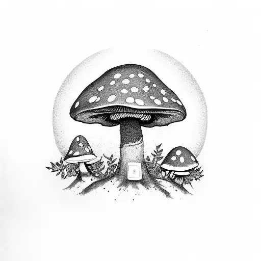 Mushroom shrine, with trees, with msuhrooms, with exotic plants tattoo design idea