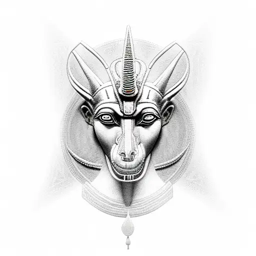 A mesmerizing black and grey portrait of Anubis, the Egyptian god of the afterlife, with intricate and detailed hieroglyphics surrounding it. tattoo design idea