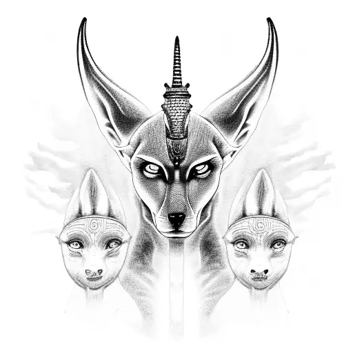 A mesmerizing black and grey portrait of Anubis, the Egyptian god of the afterlife, with intricate and detailed hieroglyphics surrounding it. tattoo design idea