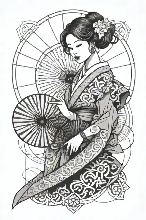 woman holding fan japenese tattoo design idea