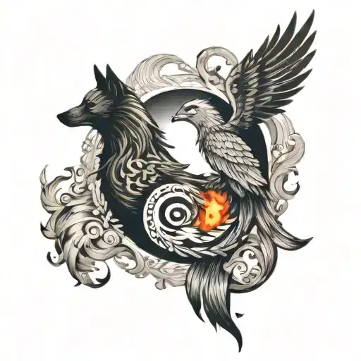 A phoenix and a wolf intertwined in a yin-yang symbol, symbolizing balance between fire and ice tattoo design idea