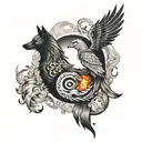 A phoenix and a wolf intertwined in a yin-yang symbol, symbolizing balance between fire and ice tattoo design idea