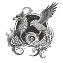 A phoenix and a wolf intertwined in a yin-yang symbol, symbolizing balance between fire and ice tattoo design idea