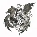 A phoenix and a wolf intertwined in a yin-yang symbol, symbolizing balance between fire and ice tattoo design idea