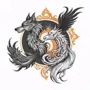 A phoenix and a wolf intertwined in a yin-yang symbol, symbolizing balance between fire and ice tattoo design idea