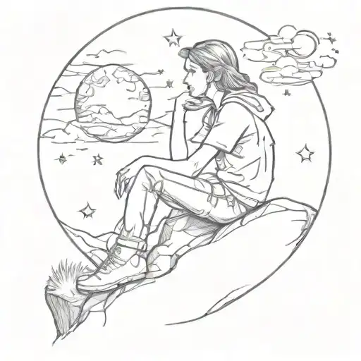 A dreamy tattoo of a student sitting on a rock gazing at the moon tattoo design idea