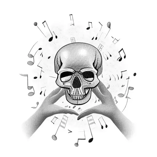 A care provider's hand holding a camera capturing music notes floating from a skull tattoo design idea