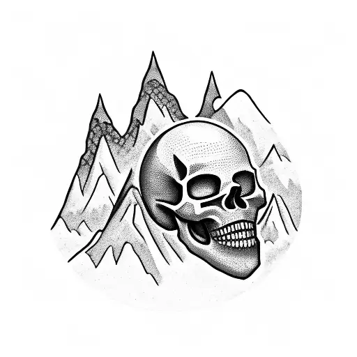 A camera shutter forming the shape of a skull with mountains inside tattoo design idea