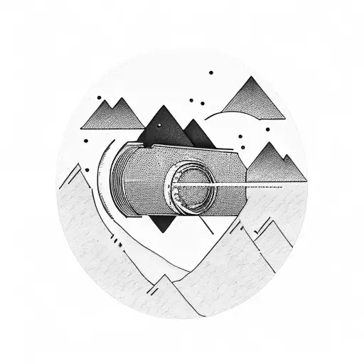 A camera lens morphing into a guitar with mountains as the sound waves tattoo design idea