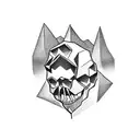 A camera shutter forming the shape of a skull with mountains inside tattoo design idea