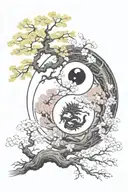 yin and yang with samurai and dragon and sakura tree on the whole hand tattoo design idea