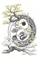 yin and yang with samurai and dragon and sakura tree on the whole hand tattoo design idea