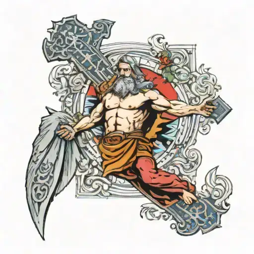 full arm sleeve from the pectoral to the wrist with a tattoo of Odin ( the Norse god ) , "Lundyn", and a crucifix tattoo design idea