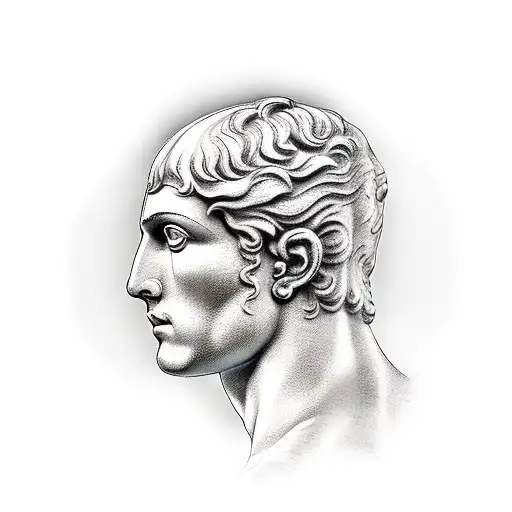 Tattoo of a Greek god sculpture, from head to torso, with transparent skin revealing the inside of his body, and in the  tattoo design idea