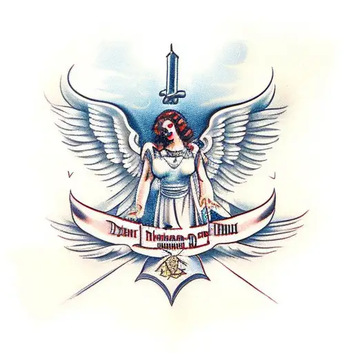 an angel and a demon holding a banner that says "mors vincit omnia" tattoo design idea