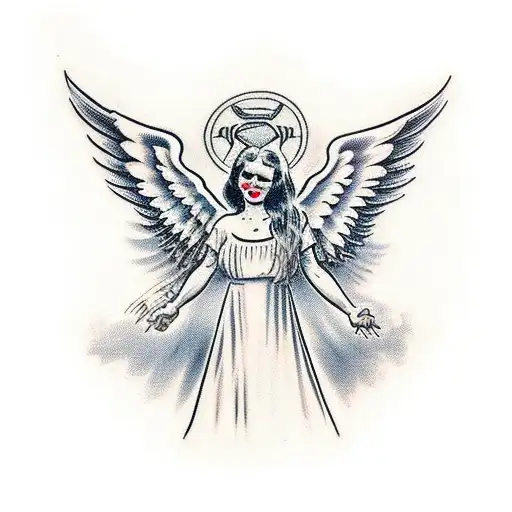 an angel and a demon on either sides of a banner that says "mors vincit omnia" tattoo design idea