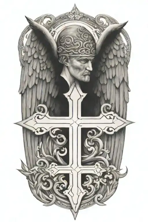 greek, cross, half wings spread wings with head tattoo design idea