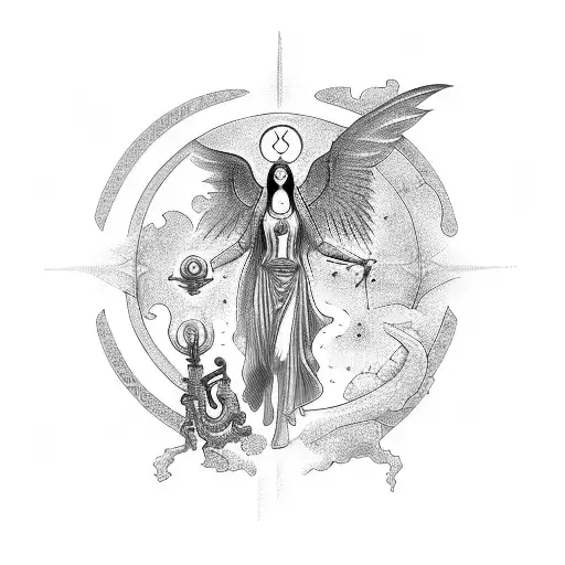Hecate holding a torch and key, surrounded by mystical symbols tattoo design idea