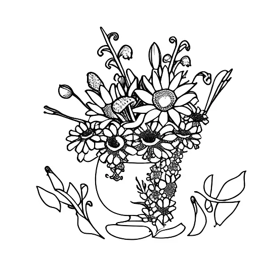 A minimalist tattoo of a bouquet of various flowers, including Lily of the Valley, carnations, Daisys, and narcissus, reflecting the client's love for flowers and elegance tattoo design idea