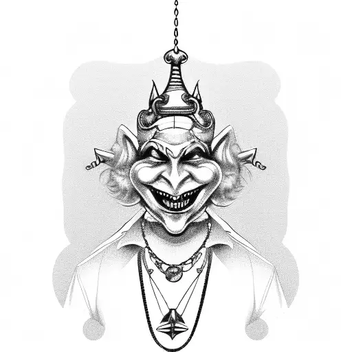 A court jester mask wearing a silver chain necklace made of 100 dollar bills tattoo design idea