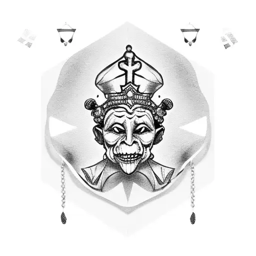 A court jester mask wearing a silver chain necklace made of 100 dollar bills with the words "only god can judge me" tattoo design idea